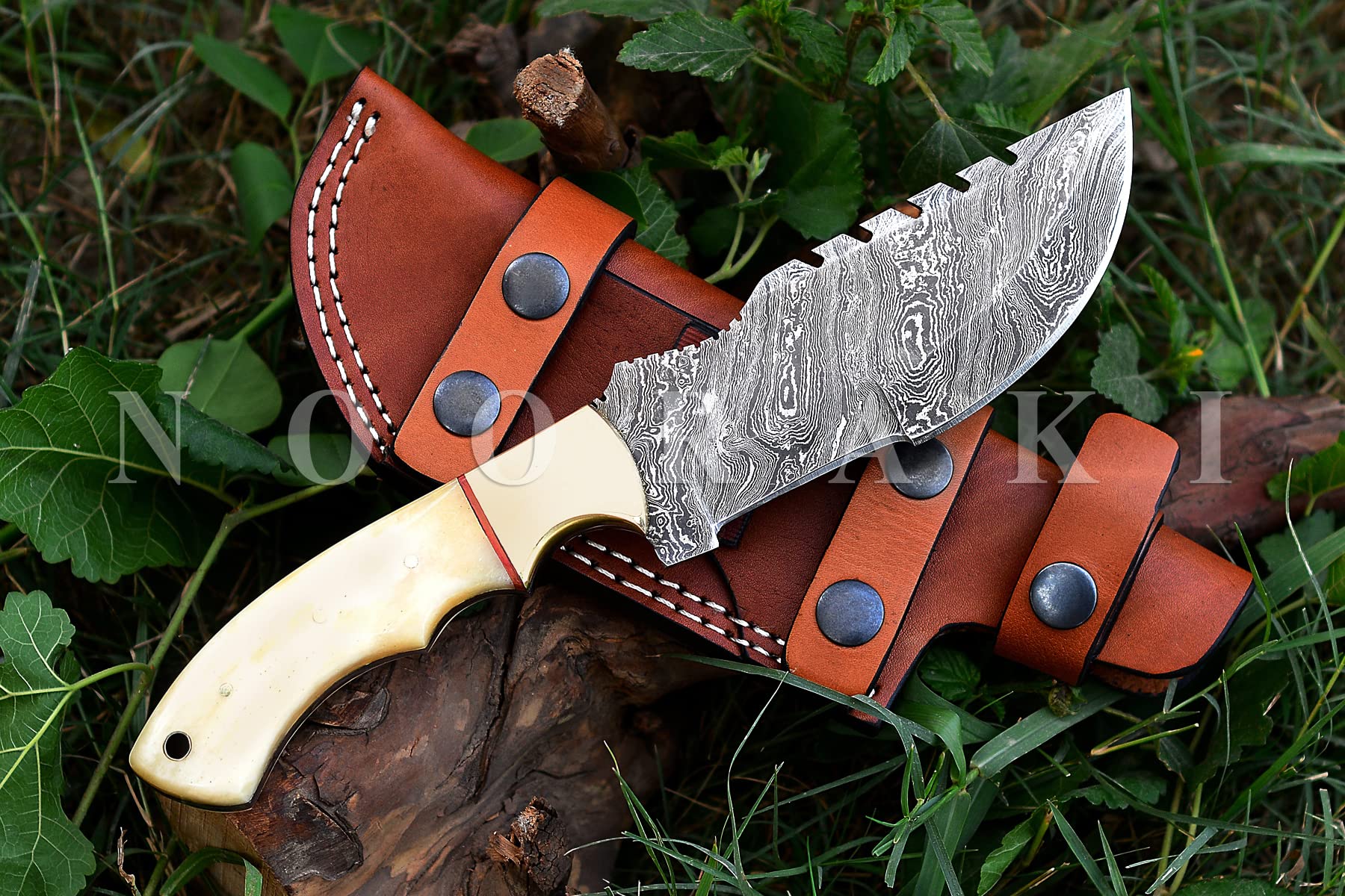 Nooraki - 11-inch | Fire Pattern Custom Handmade Damascus Tracker Knife with Camel Bone Handle Hunting knife, Camping knife, Bushcraft Knife, Survival Knife, Full Tang With Sheath #333