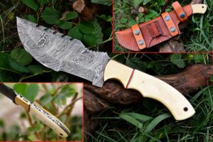 nooraki - 11-inch | fire pattern custom handmade damascus tracker knife with camel bone handle hunting knife, camping knife, bushcraft knife, survival knife, full tang with sheath #333