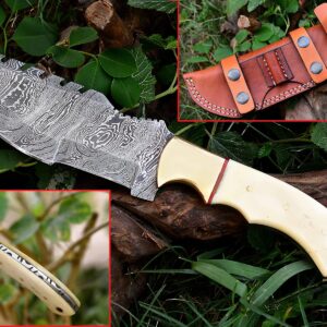 Nooraki - 11-inch | Fire Pattern Custom Handmade Damascus Tracker Knife with Camel Bone Handle Hunting knife, Camping knife, Bushcraft Knife, Survival Knife, Full Tang With Sheath #333