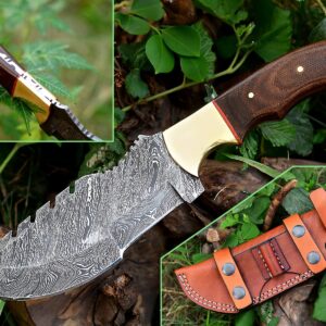 Nooraki - 11 inch | Custom Handmade Damascus Tracker Knife with Brown Micarta Handle Hunting knife, Camping knife, Bushcraft Knife, Survival Knife - Full Tang Fire Pattern With Sheath #332