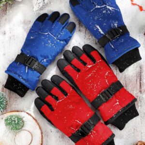 Eurzom 2 Pairs Kids Winter Gloves Waterproof Ski Gloves Windproof Warm Unisex Ski Gloves Warm Snow Gloves with Hook and Loop(Red, Blue, for 6-13 Years)