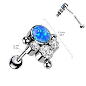 Pierced Owl 16GA G23 Implant Grade Titanium Synthetic Opal with CZ Crystal Ball Cluster Threadless Push-in Barbell (Blue)