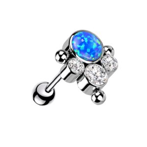 pierced owl 16ga g23 implant grade titanium synthetic opal with cz crystal ball cluster threadless push-in barbell (blue)