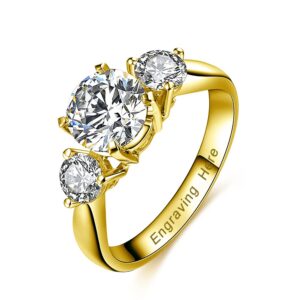 elfront 10k gold three stone engagement rings for women 1.8ct personalized moissanite ring 10k solid gold engraving wedding rings fine jewelry gifts for her wife (gold, 10k solid gold)