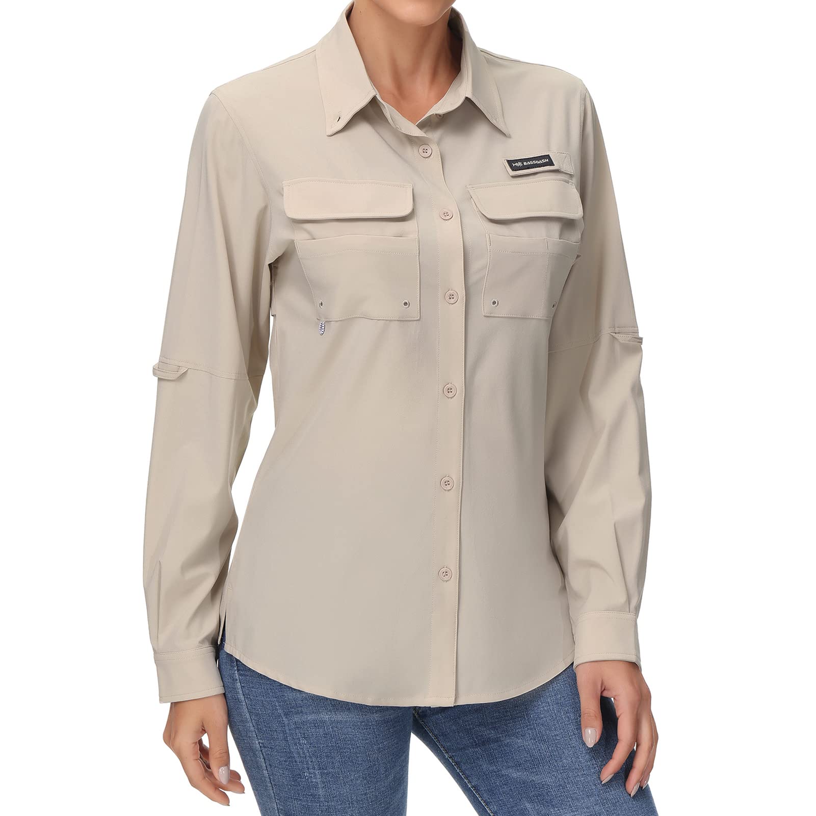 BASSDASH Women's UPF 50 Long Sleeve Fishing Hiking Button Down Shirt Performance Quick Dry FS21W Khaki