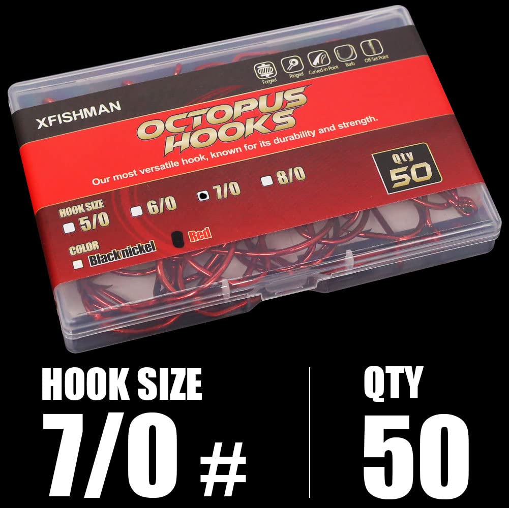 Octopus-Hook-Fishing-Beak-Circle-Hooks-Freshwater-Red-Black-100-50 Pack (1-Red, 7/0 50-Pack)