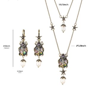 Balirek Beetle Earrings & Necklace Vintage Style Scarab Dangle Earrings Pearls Necklace Abalone Jewelry Sets for Women