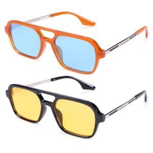 COASION Vintage 70s Flat Aviator Small Frame Sunglasses for Women Men Square Metal Design UV400 Protection Shades (Orange Frame/Blue Lens + Black Frame/Yellow Lens)