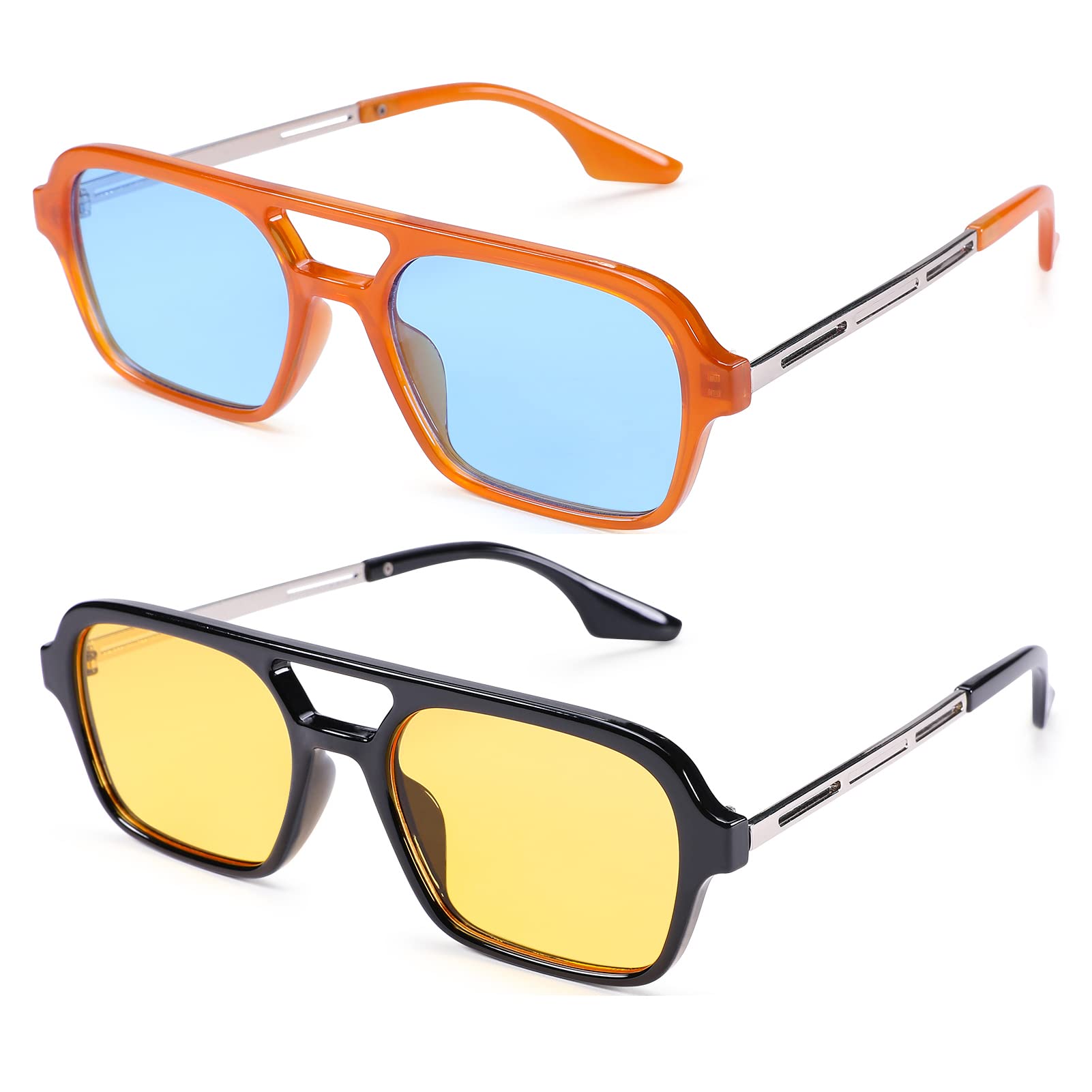 COASION Vintage 70s Flat Aviator Small Frame Sunglasses for Women Men Square Metal Design UV400 Protection Shades (Orange Frame/Blue Lens + Black Frame/Yellow Lens)