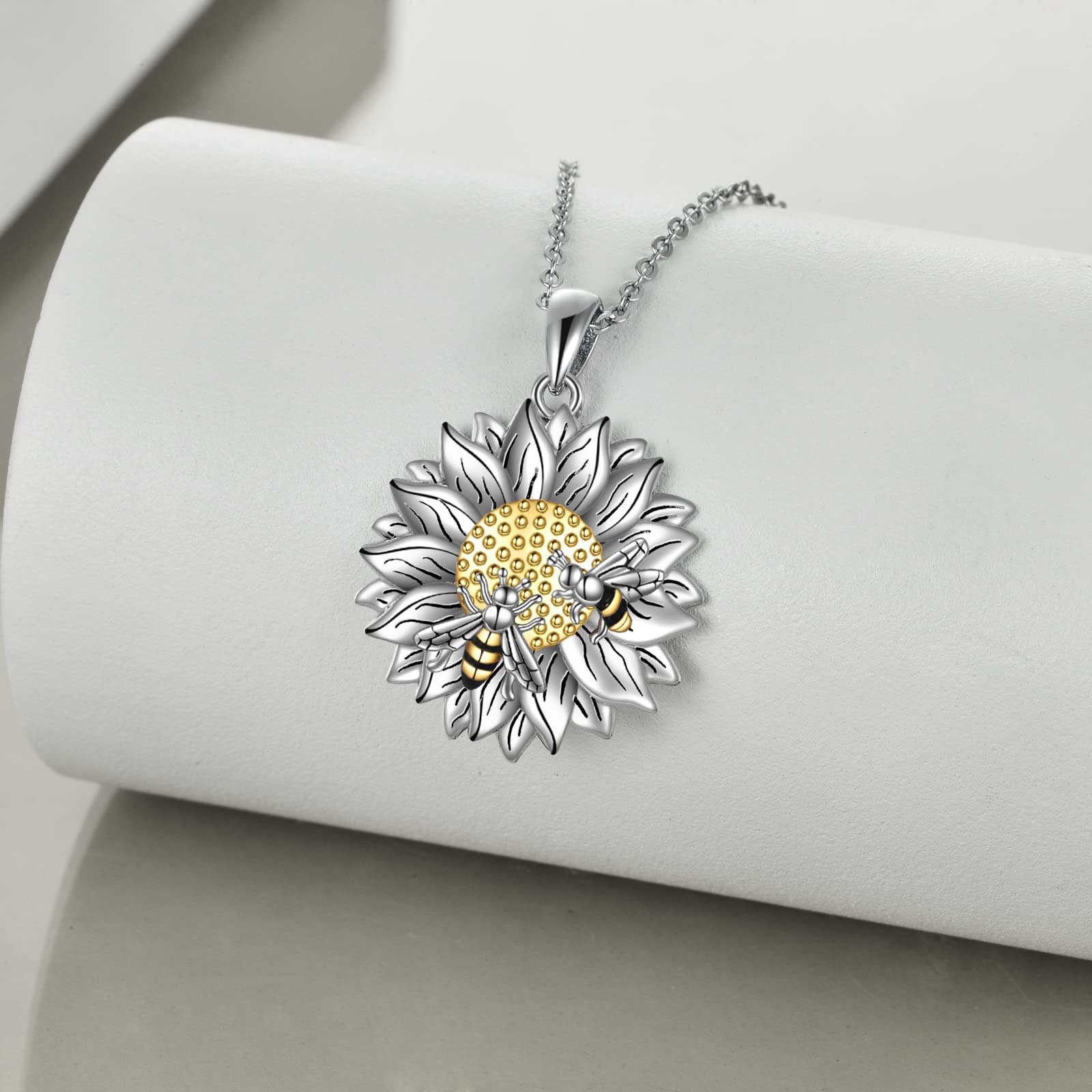 HUKKUN Sunflower Necklace Sterling Silver Sunflower with Bee Pendant Necklace You Are My Sunshine Sunflower Jewelry Gifts for Women