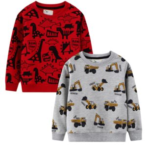 LOKTARC 2 Pack Toddler Boys Sweatshirts Patterned Long Sleeve Pullover Crewneck Tops Shirts Red Dinosaur + Grey Excavator 4-5 Years/Size 5T