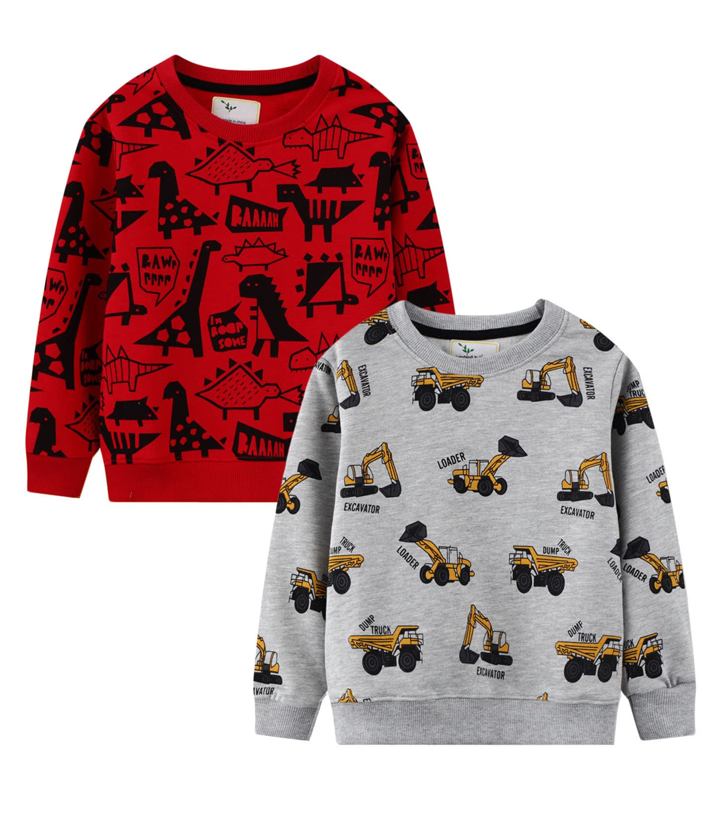 LOKTARC 2 Pack Toddler Boys Sweatshirts Patterned Long Sleeve Pullover Crewneck Tops Shirts Red Dinosaur + Grey Excavator 4-5 Years/Size 5T