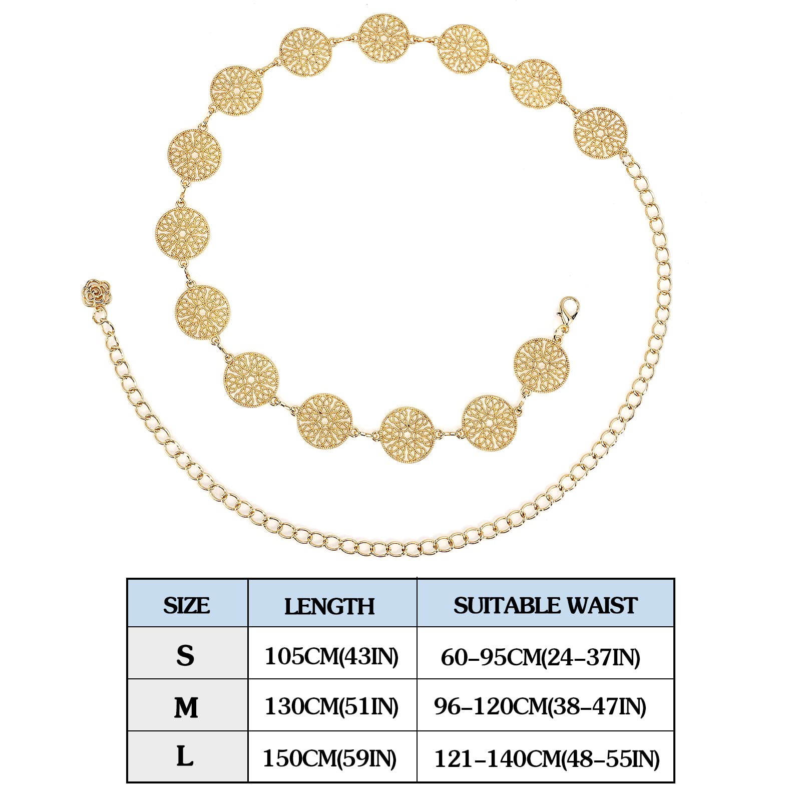 DTWAWA Hollow Round Decor Chain Belts for Women, Metal Waist Chain Plus Size for Her Dresses(Gold,41.3in)