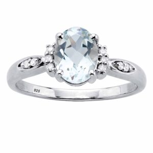 PalmBeach Platinum-plated Sterling Silver Oval Cut Genuine Aquamarine and Diamond Accent Ring Sizes 6-10 Size 10