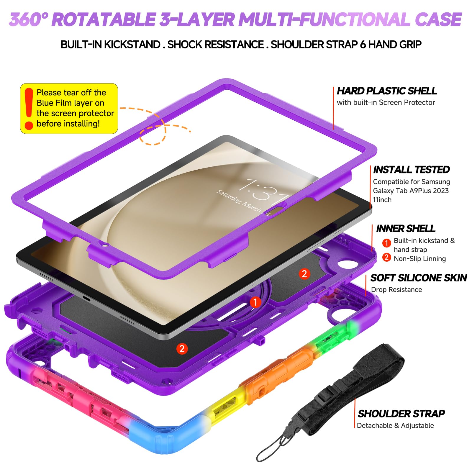 Case for Samsung Galaxy Tab A9+ Plus 2023 with Screen Protector, SIBEITU Galaxy Tab A9+ 11" 5G Case for Kids, Rugged Shockproof Cover w/Hand Grip Shoulder Strap for Samsung Tab A9+, Colorful Purple