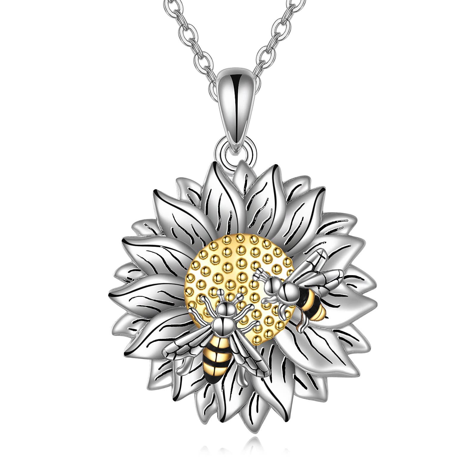 HUKKUN Sunflower Necklace Sterling Silver Sunflower with Bee Pendant Necklace You Are My Sunshine Sunflower Jewelry Gifts for Women