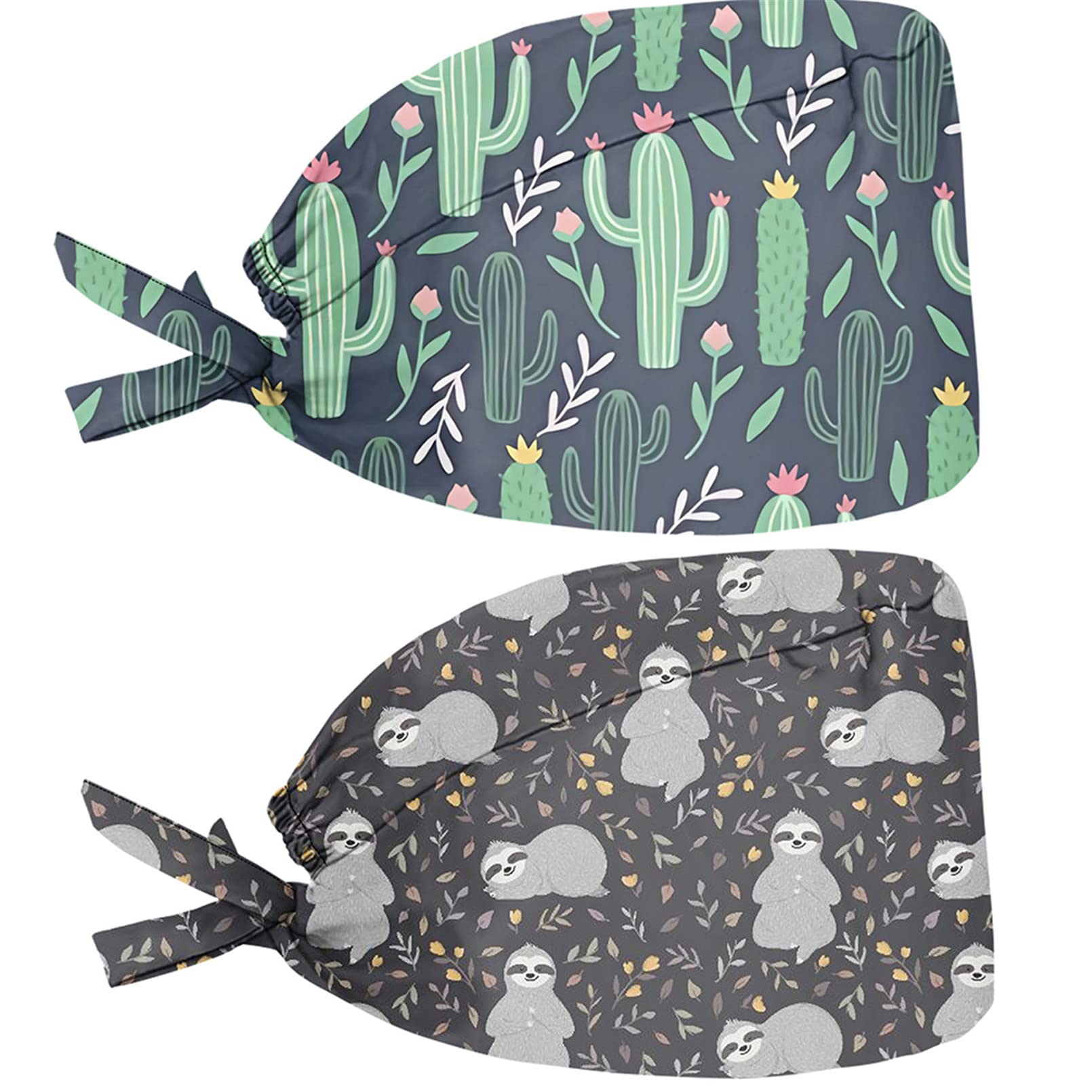 Babrukda 2 Pieces Set Sloth Tropical Cactus Print Hats for Women Men Cap with Sweatband Adjustable Tie Back Hats Head Hair Cover for Housework Painting Decoration Travel