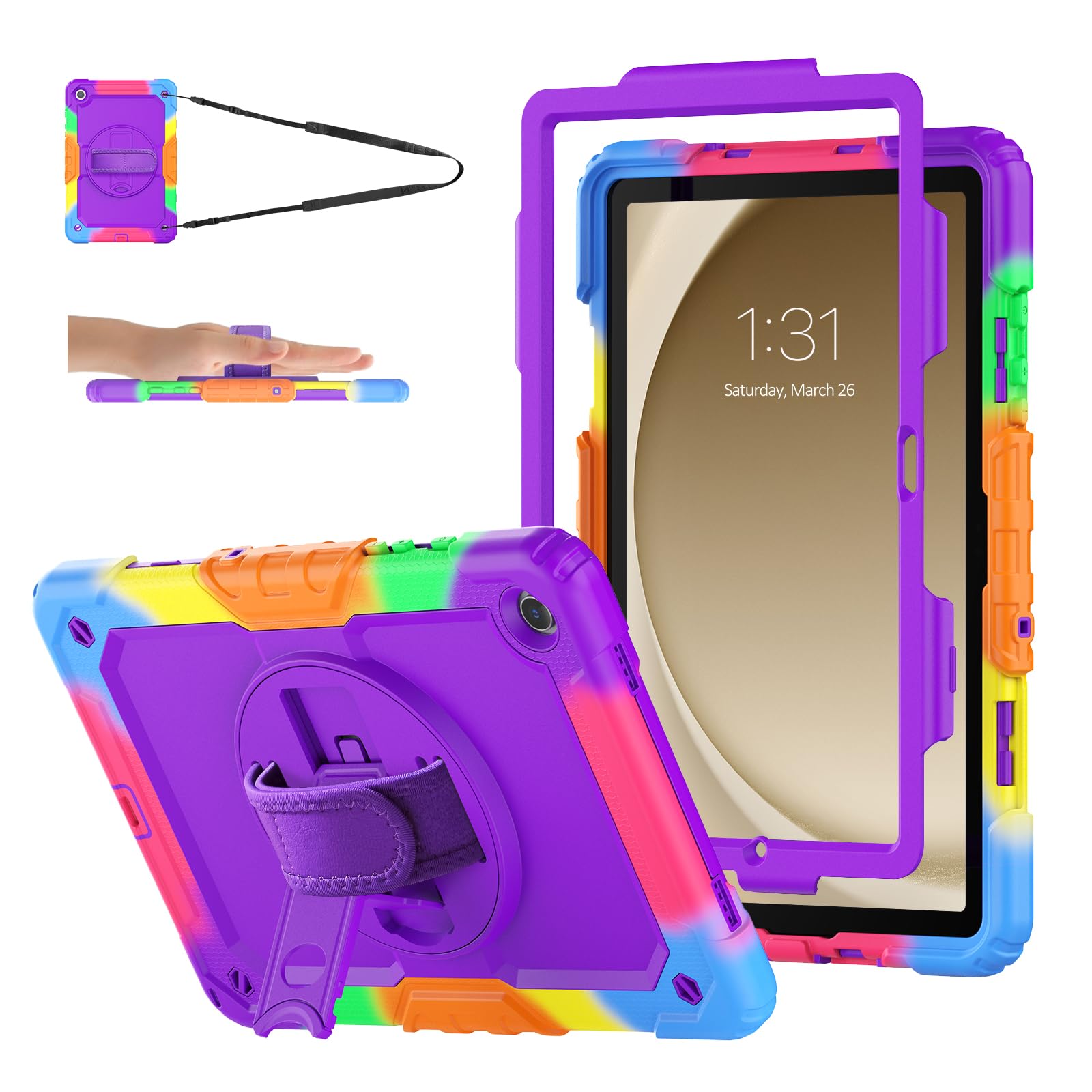 Case for Samsung Galaxy Tab A9+ Plus 2023 with Screen Protector, SIBEITU Galaxy Tab A9+ 11" 5G Case for Kids, Rugged Shockproof Cover w/Hand Grip Shoulder Strap for Samsung Tab A9+, Colorful Purple