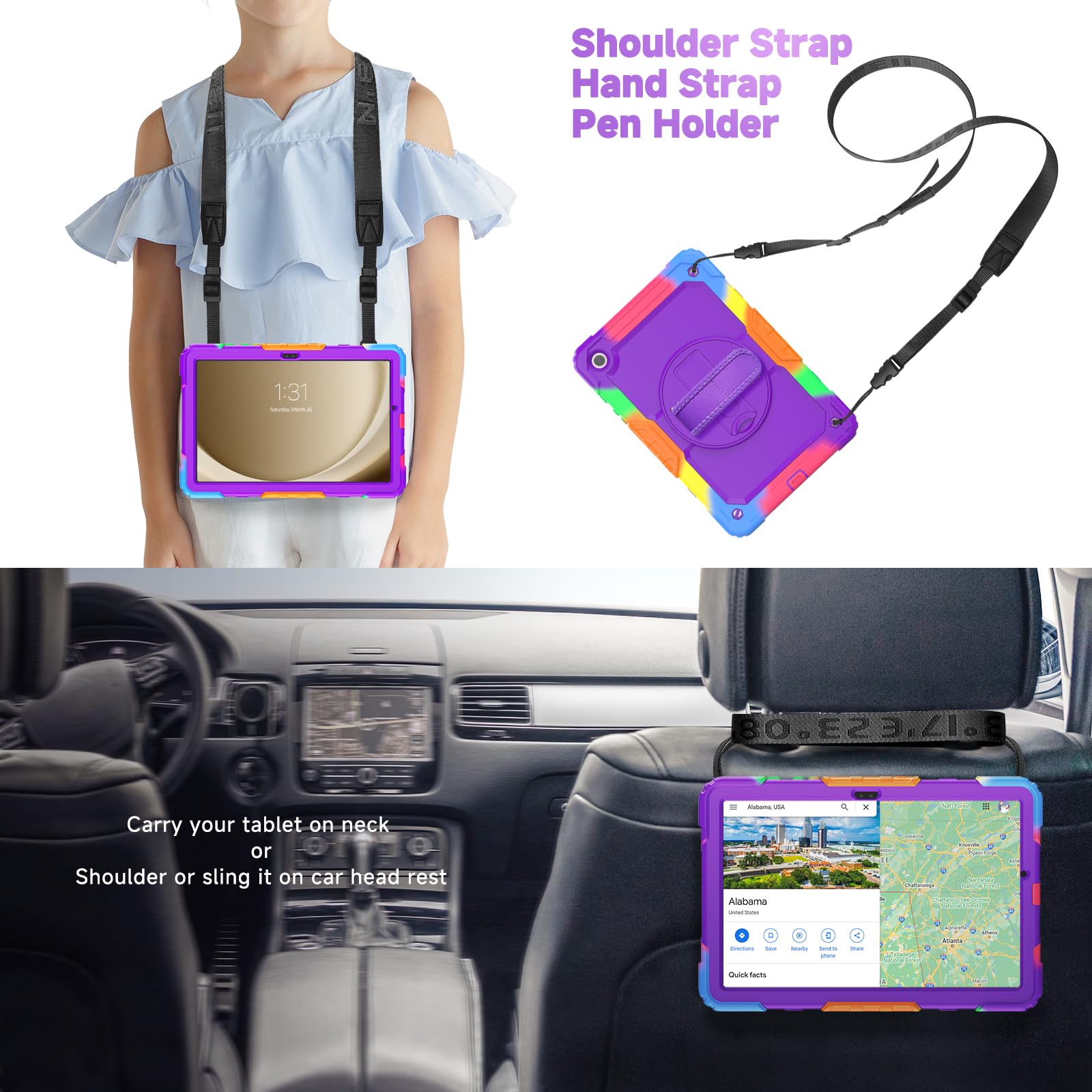 Case for Samsung Galaxy Tab A9+ Plus 2023 with Screen Protector, SIBEITU Galaxy Tab A9+ 11" 5G Case for Kids, Rugged Shockproof Cover w/Hand Grip Shoulder Strap for Samsung Tab A9+, Colorful Purple