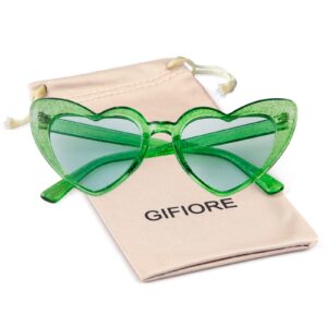 GIFIORE Heart Shaped Sunglasses for Women,Vintage Cat Eye Retro Oversized Clouts Glasses (Clear Green Glitter)