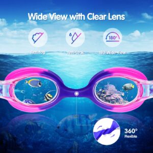 Starweh Kids Swim Goggles, 2 Pack Portable Swimming Goggles No Leaking Anti Fog Kids Goggles for Boys Girls(Age 6-14), Blue & Purple Pink