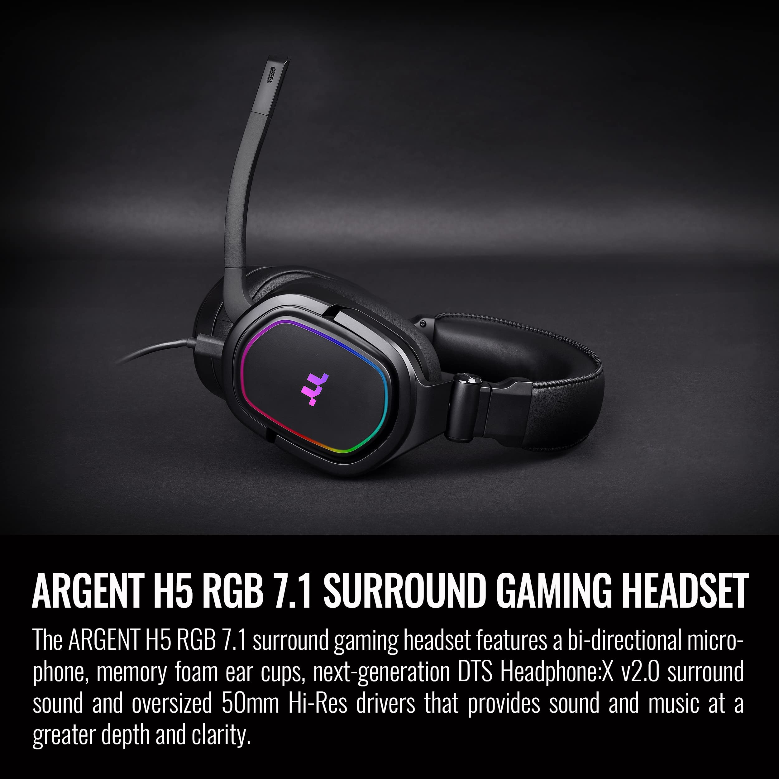 Thermaltake Argent H5 RGB 7.1 Surround Gaming Headset, 50mm Hi-Res Drivers, Compatible with PC, Xbox One, PS4, Mac, Mobile and Nintendo Switch, Black, GHT-THF-DIECBK-31