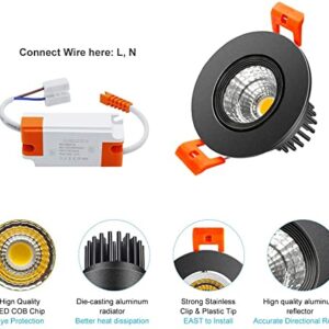 inShareplus 2 Inch LED Downlight, 3W Recessed Lighting 220LM COB Dimmable, 3000K Warm White, CRI80, Black Trim, LED Ceiling Lights with LED Driver, 12 Pack