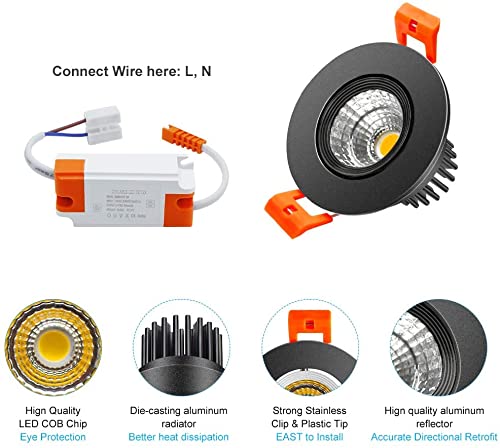 inShareplus 2 Inch LED Downlight, 3W Recessed Lighting 220LM COB Dimmable, 3000K Warm White, CRI80, Black Trim, LED Ceiling Lights with LED Driver, 12 Pack