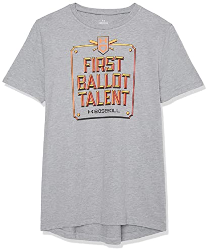 Under Armour Boys' Standard First Ballot -Baseball Short Sleeve T-Shirt, (035) Steel Light Heather / / Stadium Red, Youth Medium