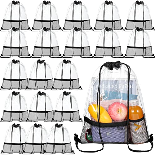 Riakrum 20 Pack Clear Drawstring Bags Bulk, Clear Drawstring Stadium Approved, Waterproof Sling Bag, PVC Plastic String Backpack for Travel, Sporting Events, Concerts, Festival, Beach, Swimming