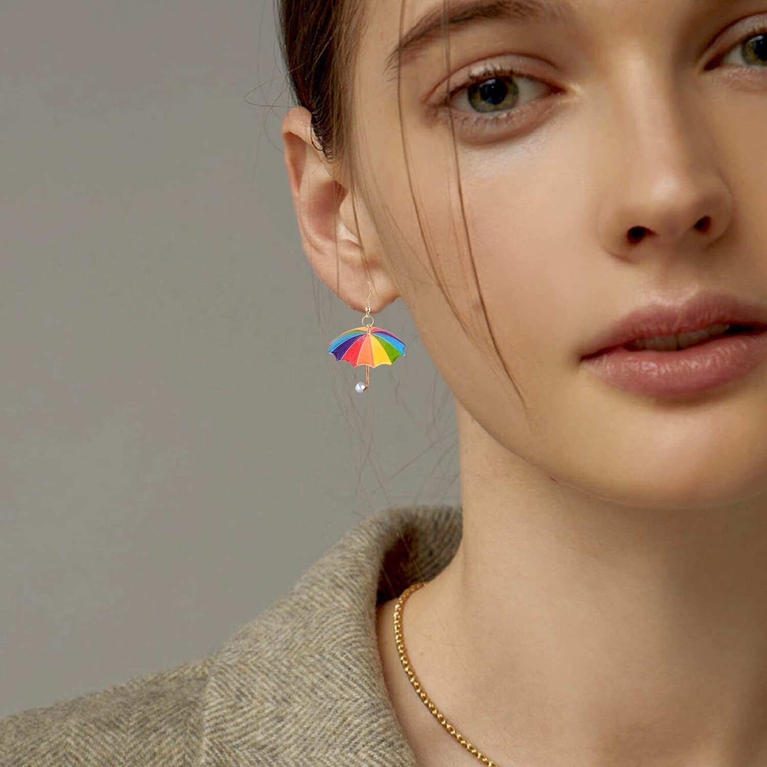 Seakuur Funny Cute Resin Rainbow Umbrella Drop Dangle Earrings Personality Creative Mini Umbrella Weather Earrings Costume Holiday Jewelry for Womens Gifts (Rainbow Umbrella)