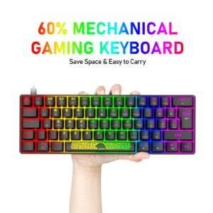 FELICON Portable 60% Mechanical Gaming Keyboard Type C Wired 62 Keys LED USB Waterproof Mini Keyboard 20 Chroma RGB Backlight Anti-ghosting Keys+Extra Keycaps for Computer/PC/Laptop/MAC