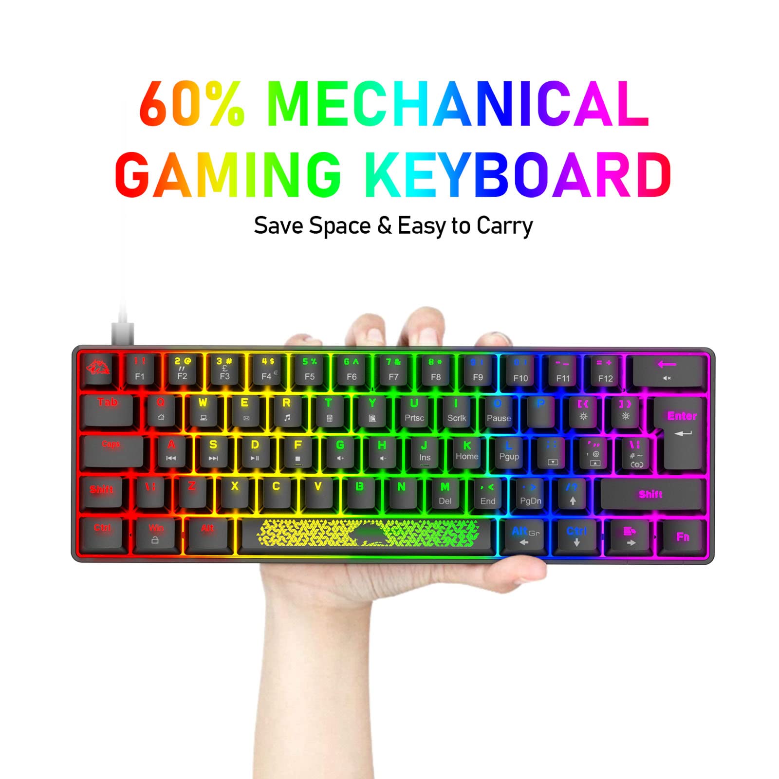 FELICON Portable 60% Mechanical Gaming Keyboard Type C Wired 62 Keys LED USB Waterproof Mini Keyboard 20 Chroma RGB Backlight Anti-ghosting Keys+Extra Keycaps for Computer/PC/Laptop/MAC