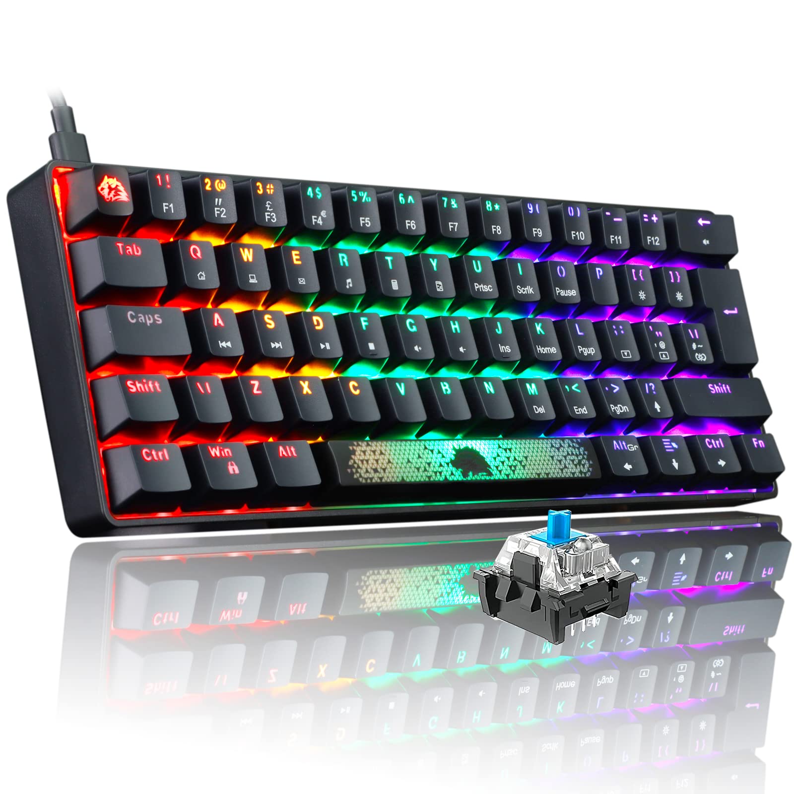 FELICON Portable 60% Mechanical Gaming Keyboard Type C Wired 62 Keys LED USB Waterproof Mini Keyboard 20 Chroma RGB Backlight Anti-ghosting Keys+Extra Keycaps for Computer/PC/Laptop/MAC