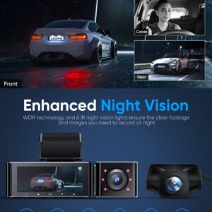 AZDOME 3 Channel 4K Dash Cam for Cars, 4K+1K Dash Cam Front and Rear, 1440P+1080P+1080P Triple Dash Cam, 3.19" IPS Screen, Built-in GPS WDR IR Night Vision, 24H Parking Mode, 64GB Card Included