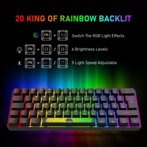 FELICON Portable 60% Mechanical Gaming Keyboard Type C Wired 62 Keys LED USB Waterproof Mini Keyboard 20 Chroma RGB Backlight Anti-ghosting Keys+Extra Keycaps for Computer/PC/Laptop/MAC