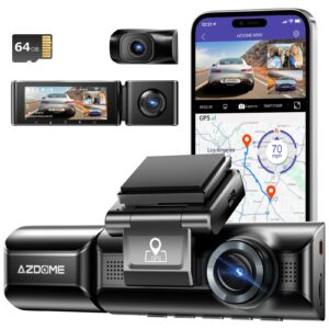 azdome 3 channel 4k dash cam for cars, 4k+1k dash cam front and rear, 1440p+1080p+1080p triple dash cam, 3.19" ips screen, built-in gps wdr ir night vision, 24h parking mode, 64gb card included