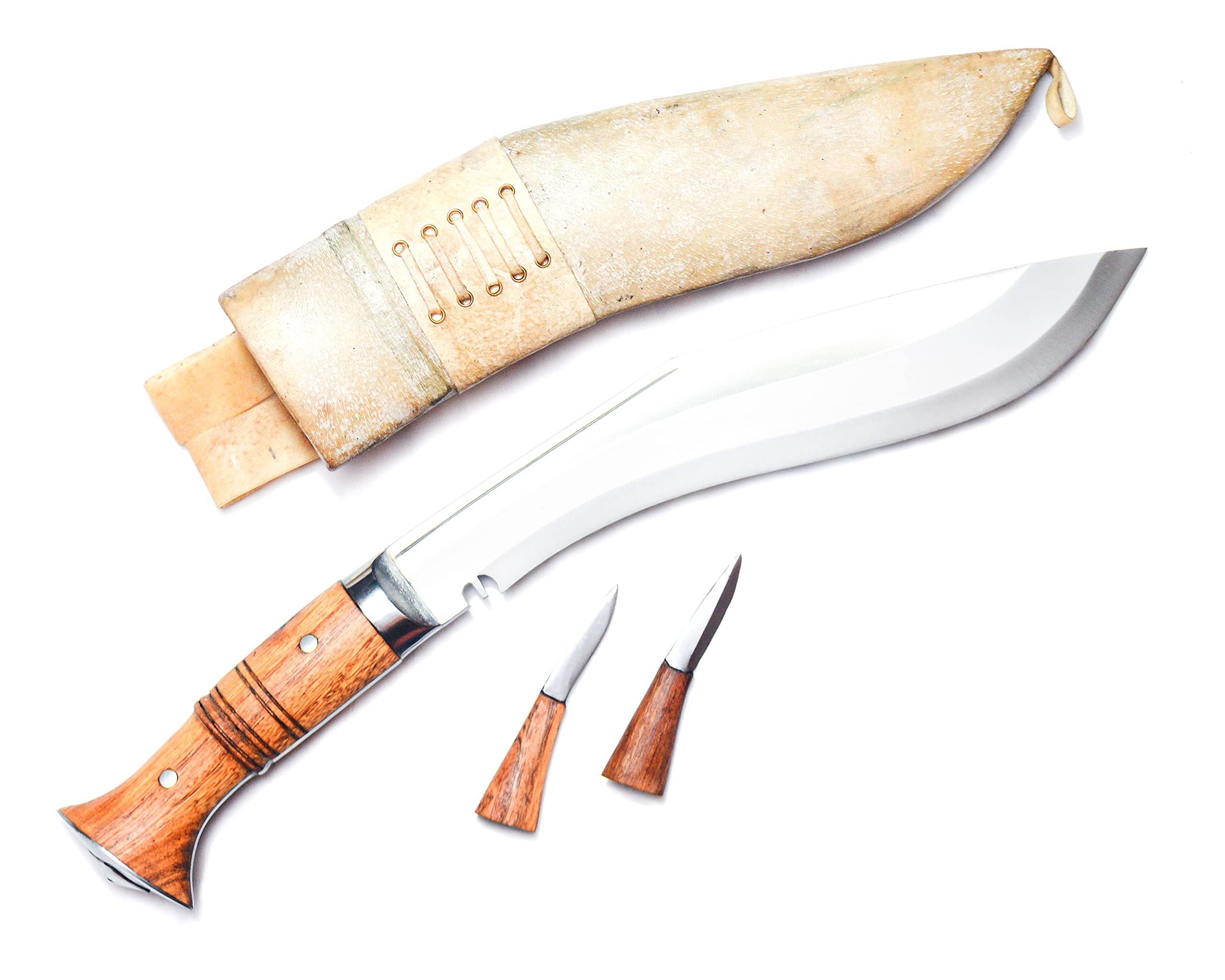 MASUM 10” Blade Operation Kukri, Panawal Full Tang Gurka Khukri, Double Fuller Sharp Blade Khukuri, Beige Leather Scabbard w/ 2 extra utility knives, Handmade in Nepal Khukri