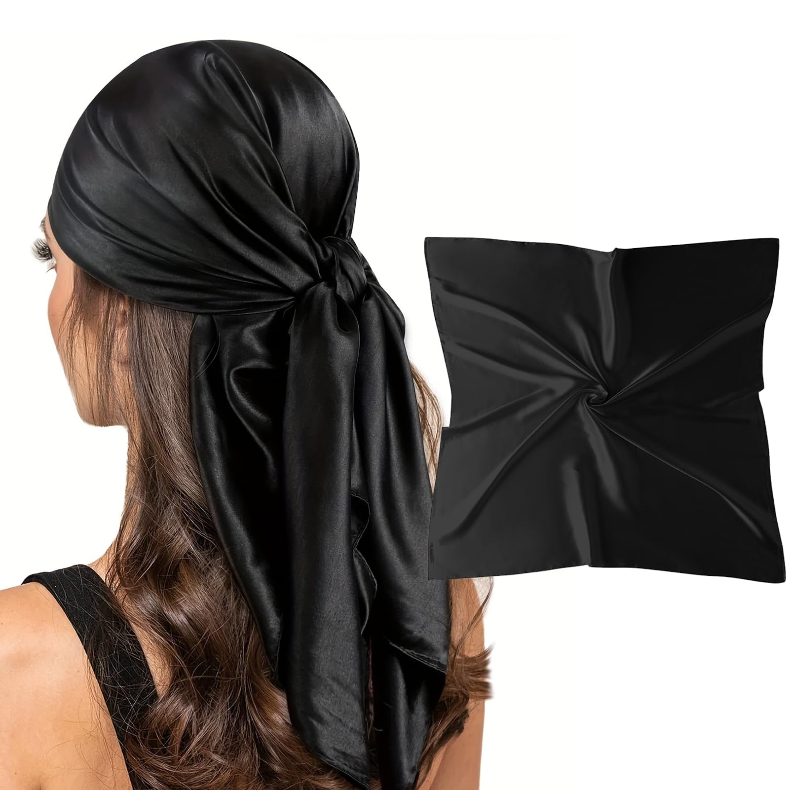 vimate Black Silk Feeling Scarf, 35'' Square Retro Soild color Satin Headband Scarf for Hair Wrapping at Night (Black)