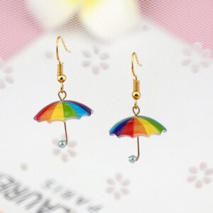 Seakuur Funny Cute Resin Rainbow Umbrella Drop Dangle Earrings Personality Creative Mini Umbrella Weather Earrings Costume Holiday Jewelry for Womens Gifts (Rainbow Umbrella)