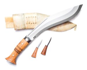 masum 10” blade operation kukri, panawal full tang gurka khukri, double fuller sharp blade khukuri, beige leather scabbard w/ 2 extra utility knives, handmade in nepal khukri