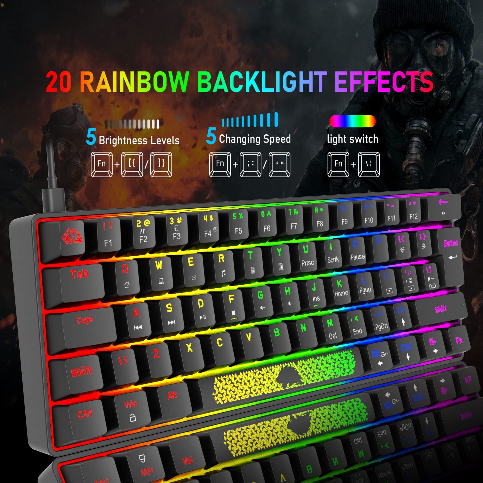 FELICON Portable 60% Mechanical Gaming Keyboard Type C Wired 62 Keys LED USB Waterproof Mini Keyboard 20 Chroma RGB Backlight Anti-ghosting Keys+Extra Keycaps for Computer/PC/Laptop/MAC