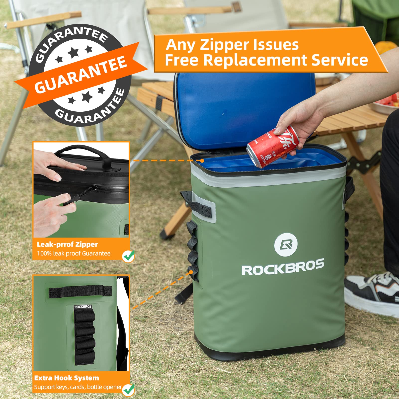 ROCKBROS Backpack Cooler Leak-Proof Soft Sack 36 Can Green