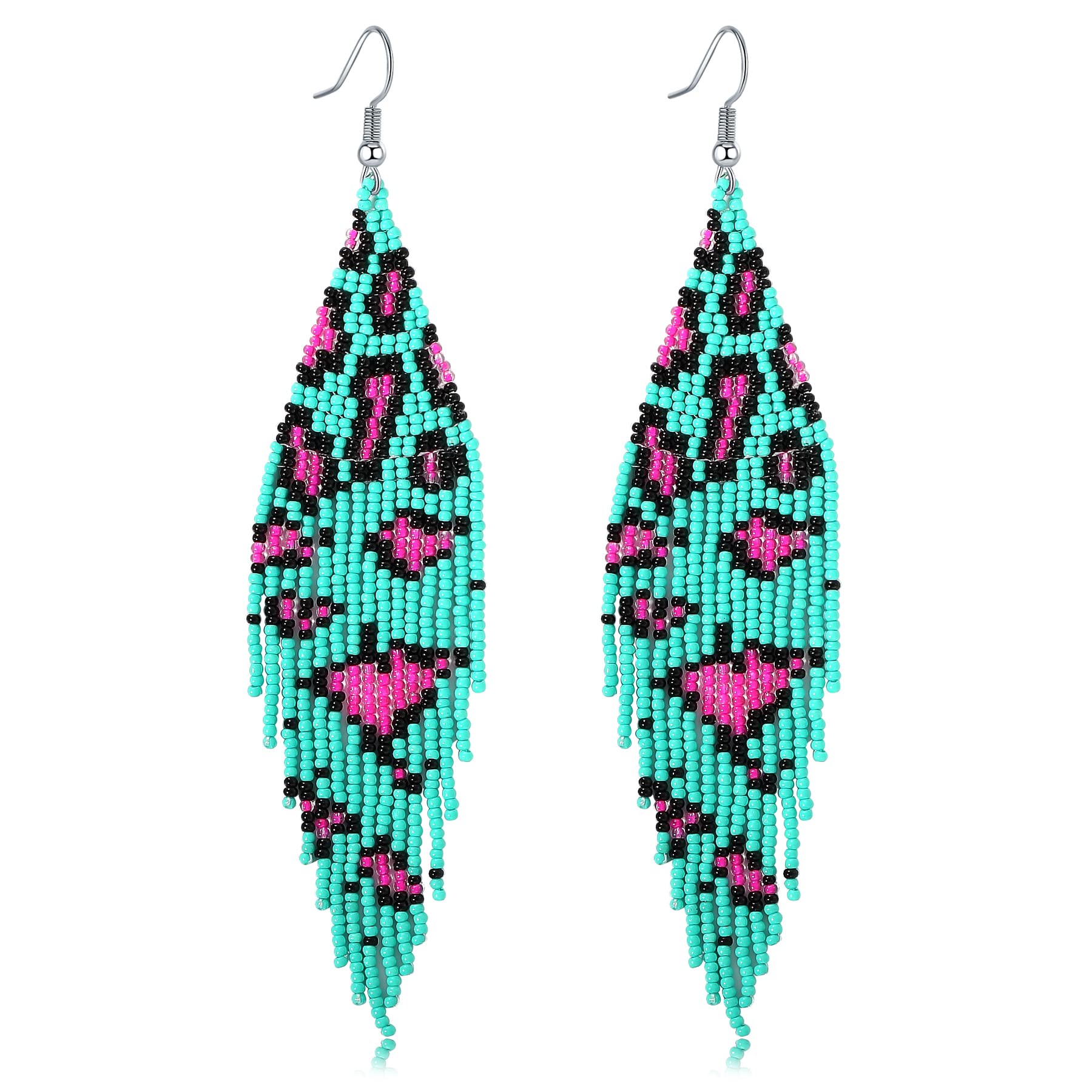 CALORVIA Boho Big Long Tassel Beaded Dangle Earrings Leopard Handmade Bohemian Large Statement Fringe for Women (Teal Green)