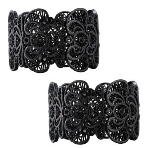 2 Pieces Black Bracelet for Women Gothic Bracelet Vintage Filigree Jewelry Ladies Cuff Bracelets Bohemian Lace Bracelet Lace Cuff Bangle Bracelet Wide Stretch Rhinestone Bracelets Statement Bracelet