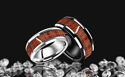 8mm Black Stainless Steel Wedding Band Inlay Wooden Promise Engagement Ring for Couples Him and Her Y1539 (Black, 9)