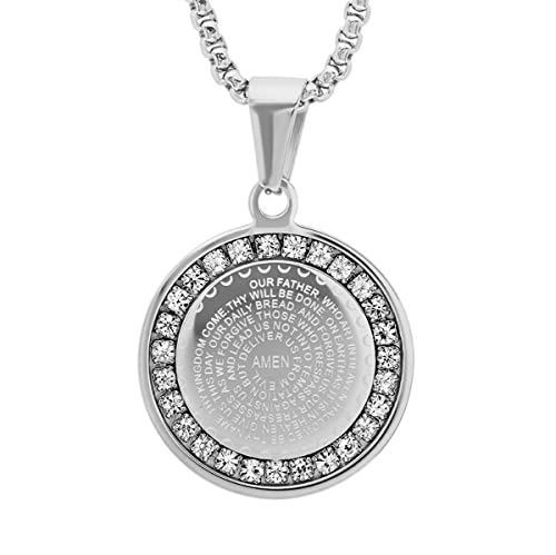 Steeltime Stainless Steel Pendant Necklace with Simulated Diamonds - 18-Inch Rounded Box Chain, Stainless Steel Pendant for Men & Women, Lords Prayer & Serenity Prayer Gifts - Silver, Lord's Prayer