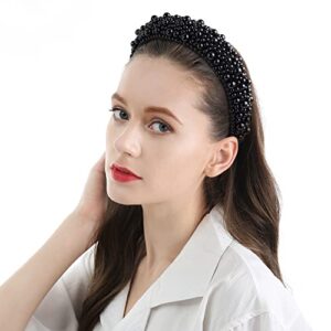 QIANXUAN Fashion Headbands For Women's Hair White Pearl Headbands For Girls Black Padded Headband Beading Pearls Hair Accessories Design Elegant Wide Hairbands