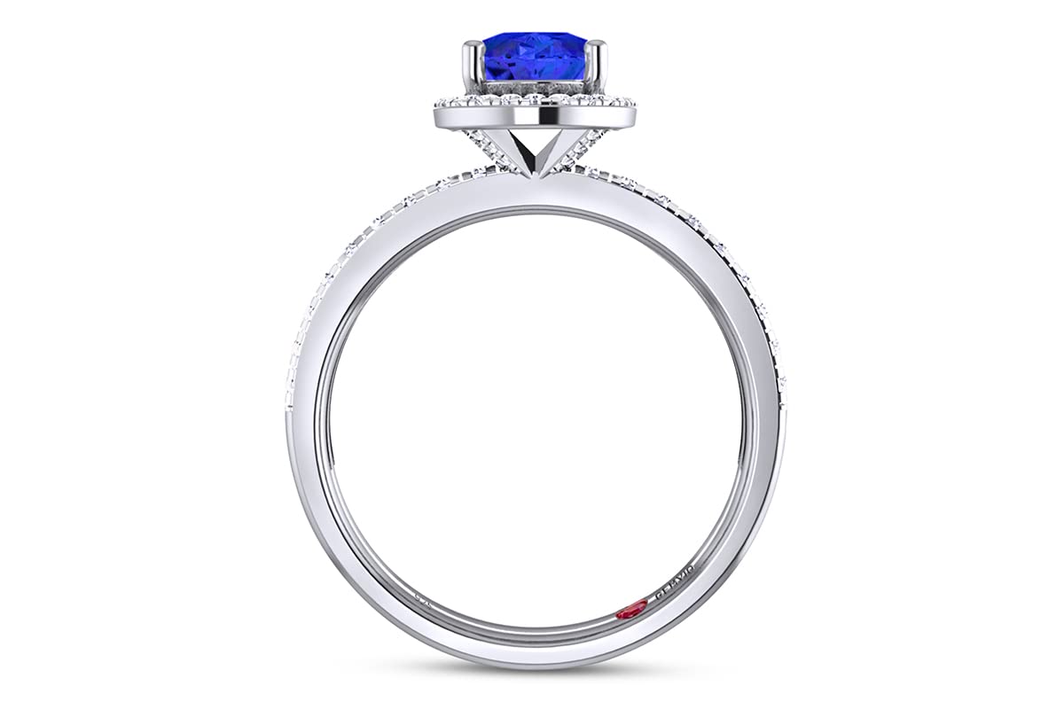 GEMVIO Collection 8X6MM Oval Cut Lab Created Blue Sapphire Gemstone & Natural Diamond Halo Bridal Set Engagement Ring In 14K White Gold Over Sterling Silver Anniversary Wedding Ring (1.40 Cttw)-9