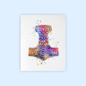 Dignovel Studios 8X10 Unframed Mjolnir Hammer Strength Symbol Norse Mythology Scandinavian Peace Love Watercolor Art Print Home Office Wall Decor Poster DN667